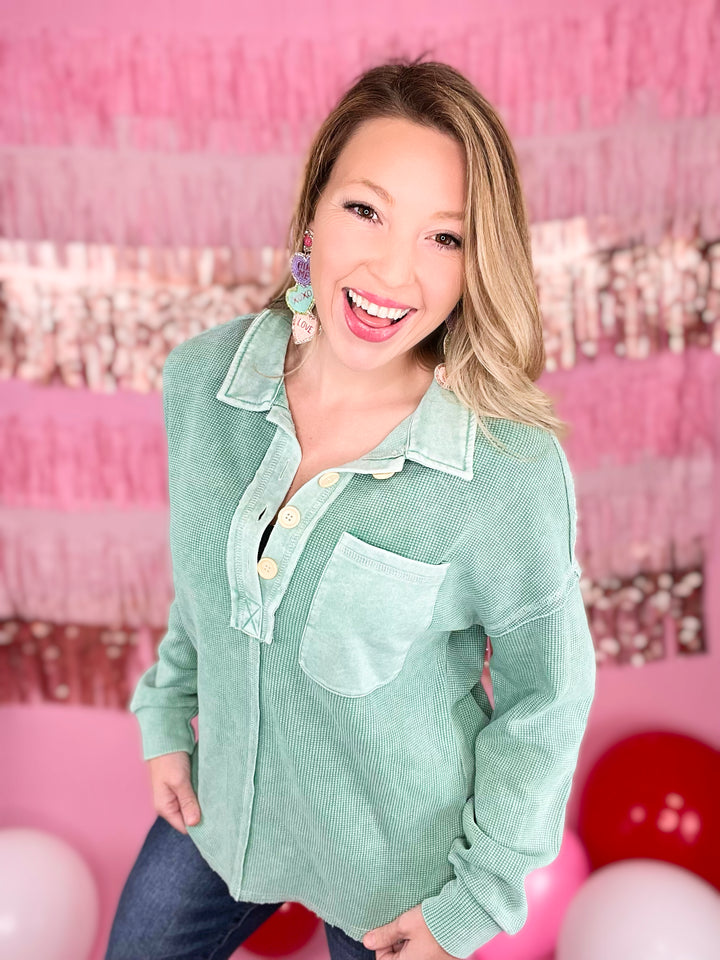 Lovely Lady Waffle Henley Pullover