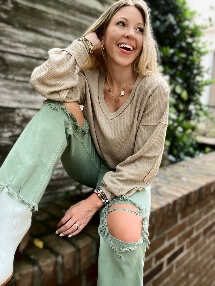 Deep Connection  Elbow Patch Knit Top