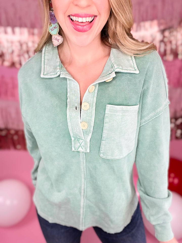 Lovely Lady Waffle Henley Pullover