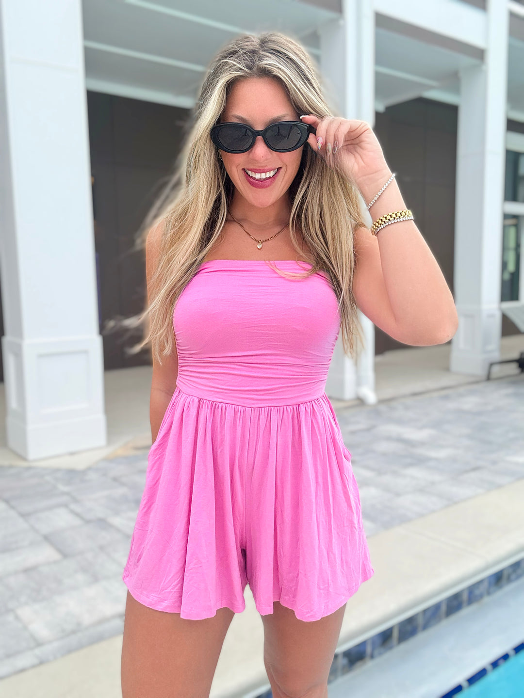 The Drifter Strapless Romper in Pink