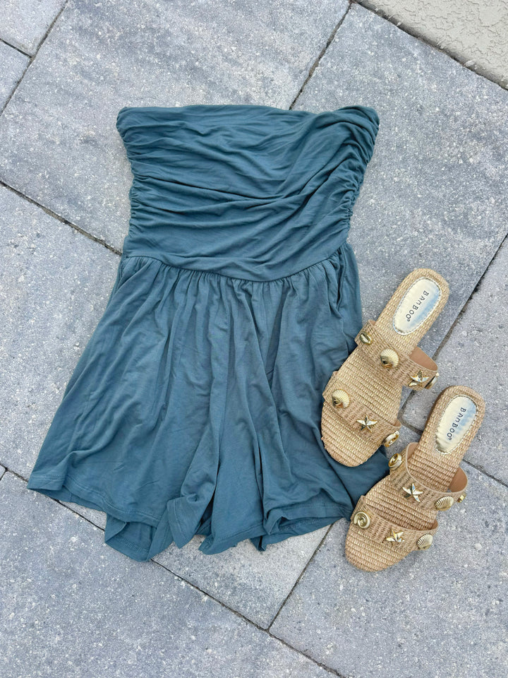 The Drifter Strapless Romper in Dusty Emerald