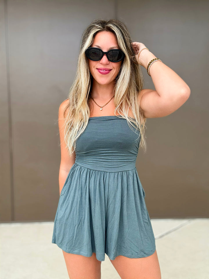 The Drifter Strapless Romper in Dusty Emerald