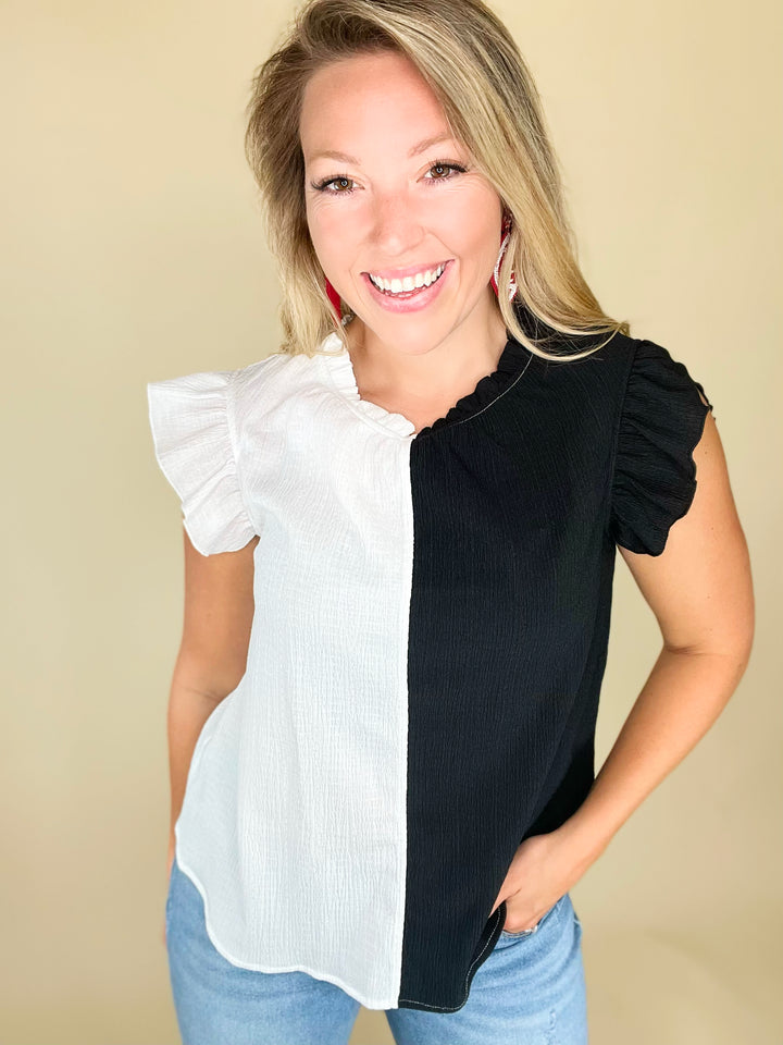 Split Decision Ruffle Neck Tank