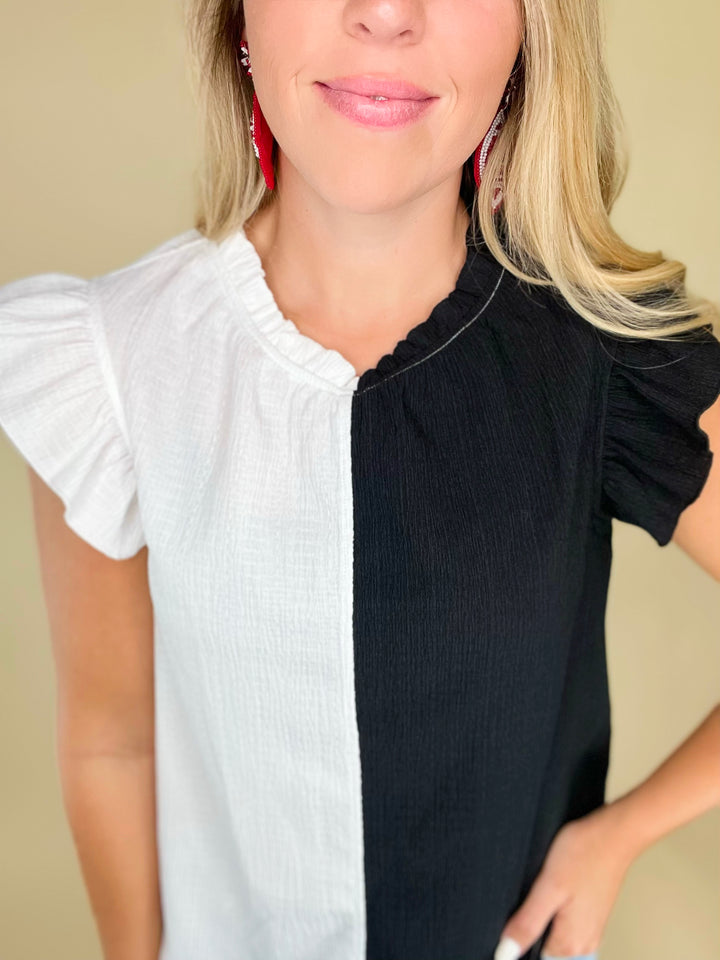 Split Decision Ruffle Neck Tank