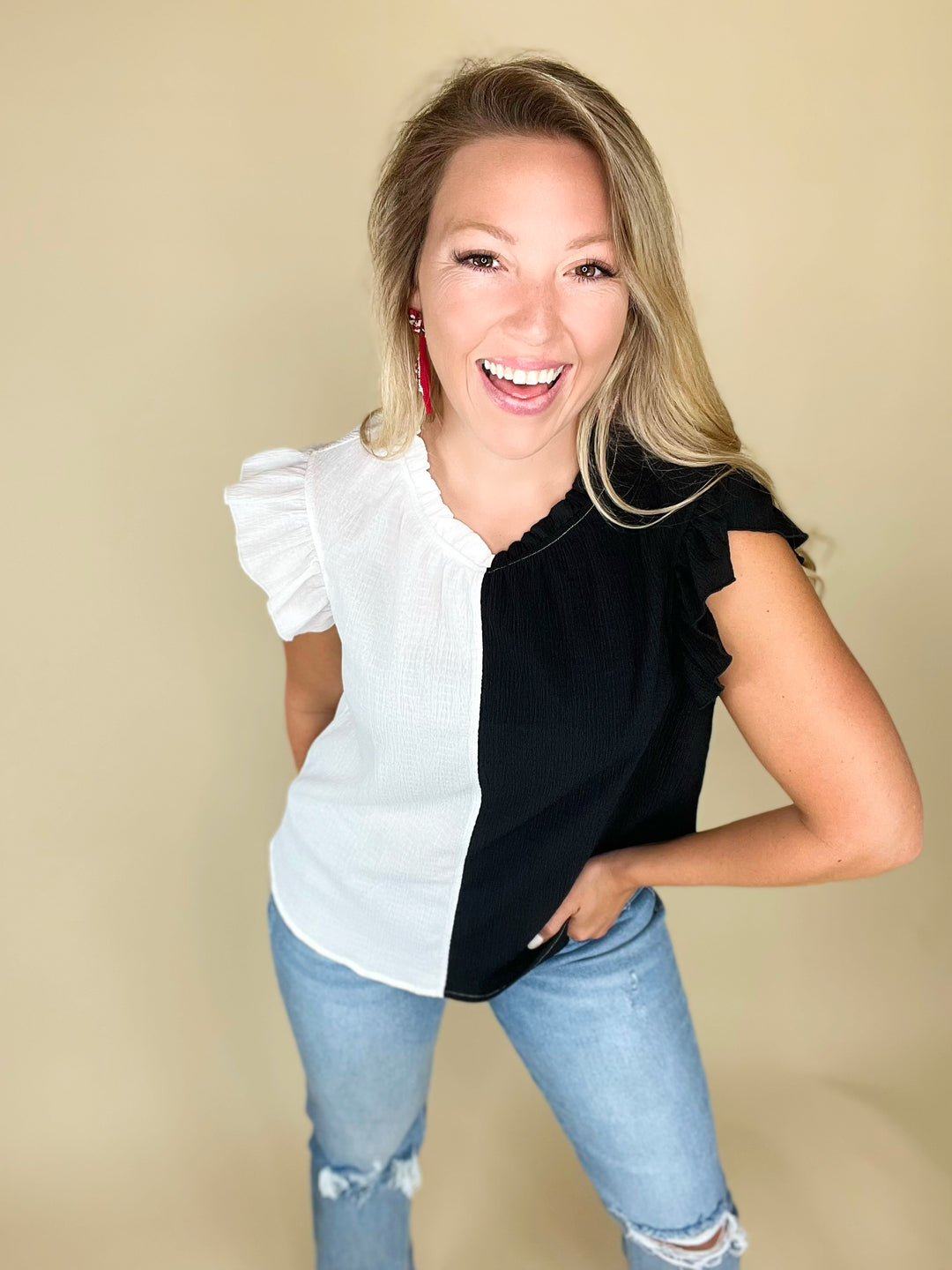 Split Decision Ruffle Neck Tank