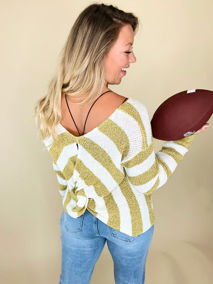 Going for the Gold Striped Twist Back Sweater