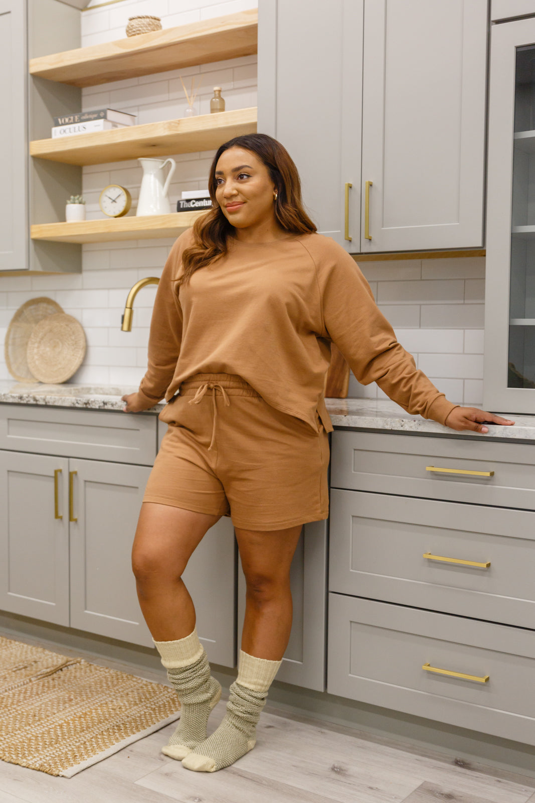 Long Sleeve Sweatshirt Top & Shorts Set In Camel