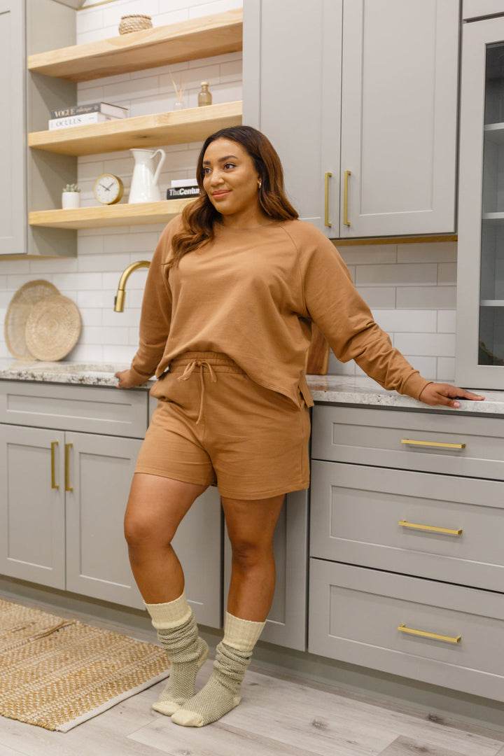 Long Sleeve Sweatshirt Top & Shorts Set In Camel